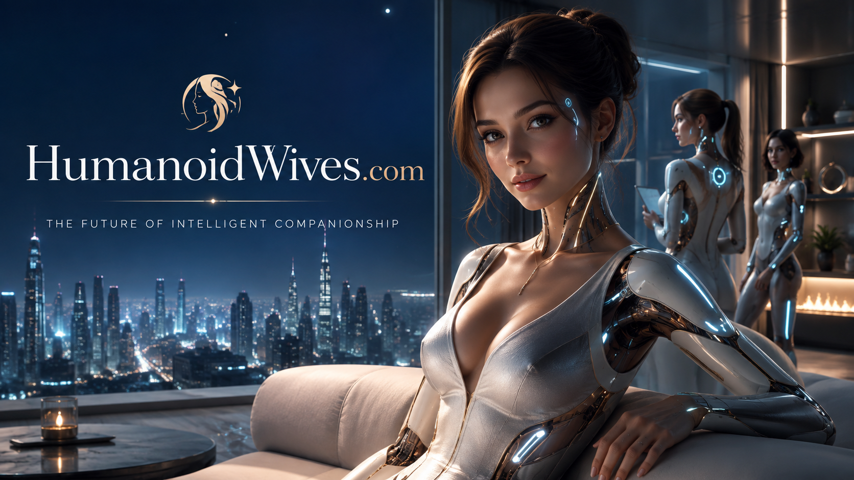 Premium HumanoidWives.com futuristic humanoid companionship concept with fashion, technology, marketplace, and global platform elements